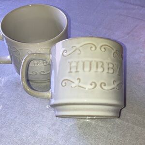 Elegant Cream Embossed Mug Set Hubby and Wife coffee mugs Brand New